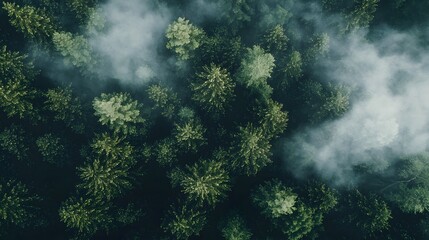 Aerial view of lush green forest with mist enveloping the treetops.