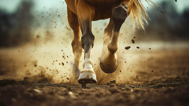 Closeup of a powerful horse galloping hooves kicking up dirt and dust on a muddy track equine's legs and fetlocks in motion, brown stallion runs through a countryside rural farm field showing strength