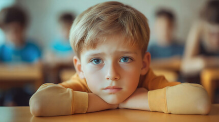 Portrait of a sad and worried young boy sitting at a school table in a classroom. Unhappy pupil with a serious expression, stress and anxiety.  Upset, depressed student feeling lonely and frustrated
