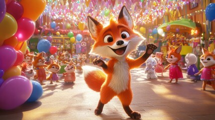 Fototapeta premium Playful cartoon fox dancing with a group of animated woodland creatures at a bright, festive carnival, surrounded by balloons, candy, and games