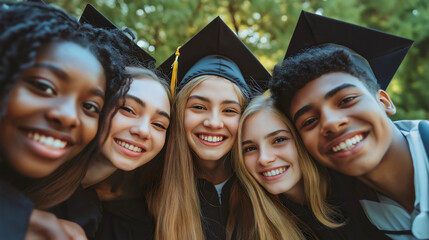 Diverse group of happy young students wearing graduation caps making selfie photo, cheerful friends, teenager boys and girls, teenagers making picture together, end of high school, friendship 