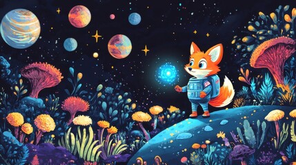 Playful cartoon fox dressed as an astronaut exploring a mysterious alien planet at night, with glowing stars, strange plants, and colorful planets in the dark sky