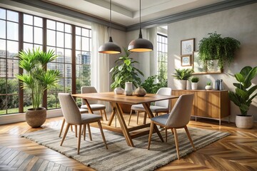 A warm and inviting modern dining space features a beautifully worn wooden Pier One table, complemented by a