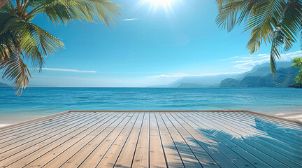 Wooden deck overlooking turquoise ocean with shadows of palm leaves on deck, mountains in the distance, clear blue sky, sunny day. Generative AI.