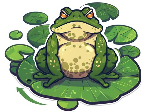 Green cartoon frog with angry expression sits on a lily pad.