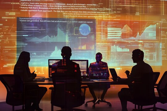 Silhouettes of four people working in an office with a large screen displaying data and code