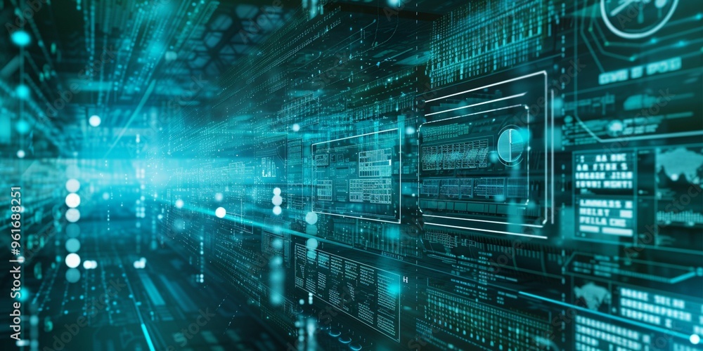 Poster digital data stream with glowing elements in a futuristic environment