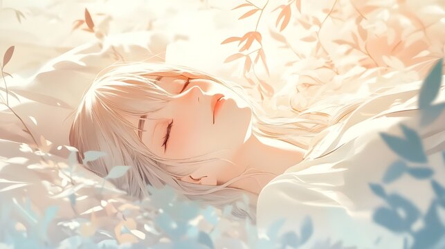 An anime character lies peacefully, depicted with basic shapes and smooth lines.