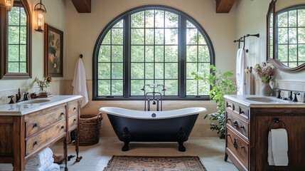 A bathroom styled with vintage charm, displaying a cast iron bathtub, antique wooden vanity, and a large, arched window letting in natural light