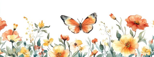 Captivating Watercolor Butterfly Among Vibrant Flowers: A Stunning Floral Composition Celebrating Nature's Beauty