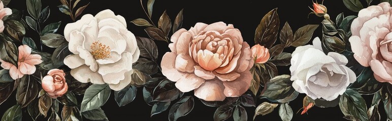 Obraz premium Beautiful Floral Composition: Elegant Roses and Leaves on a Striking Black Background