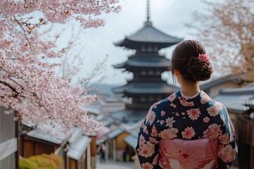 Japanese woman in traditional Kimono visit Yasaka Pagoda at Hokanji temple in Kyoto, Japan during full bloom cherry blossom in spring , ai