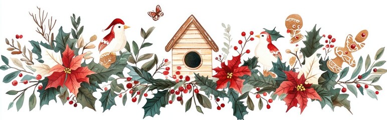 Charming Winter Scene with Birdhouse, Poinsettias, and Gingerbread Accents