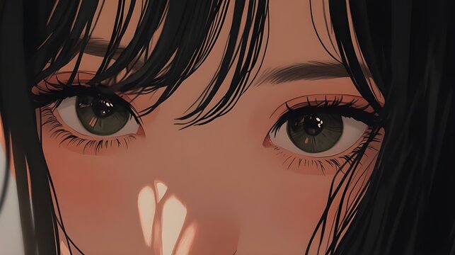 A close-up of an anime character&rsquo;s face with a soft, neutral background.