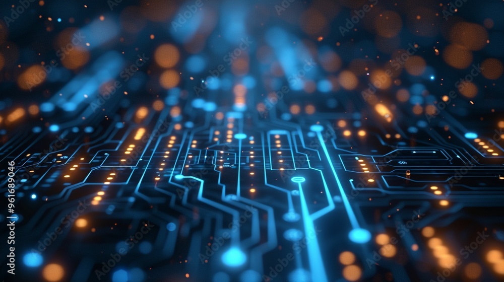 Poster close-up view of glowing blue and orange circuit board patterns with dynamic light effects