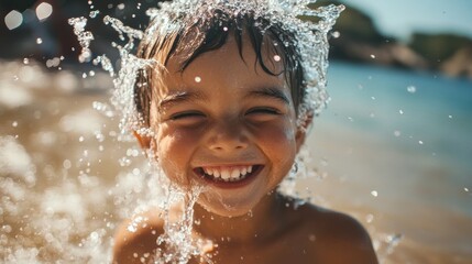 Obraz premium Joyful Boy Splashing in Water on Summer Beach Vacation