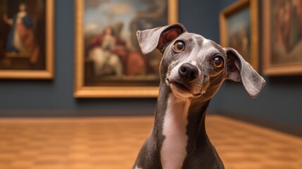 A curious dog poses in an art gallery surrounded by classic paintings.