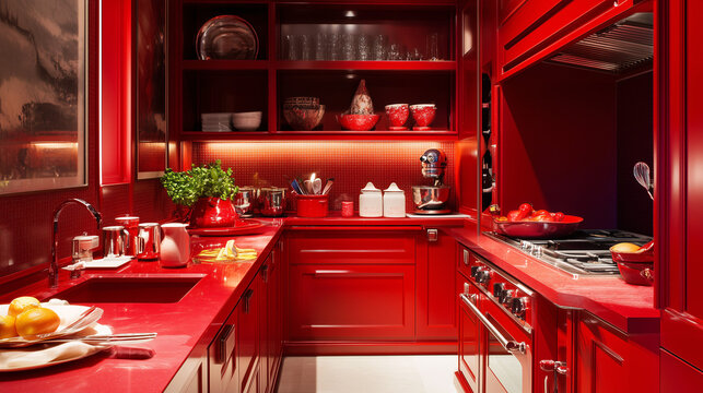 A bold kitchen designed with various shades of red, including red cabinets, red countertops, and red kitchen accessories