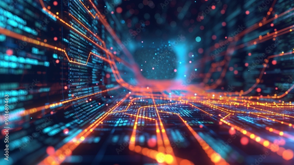 Poster Vibrant abstract digital tunnel illuminated by glowing lines and binary code in a futuristic environment
