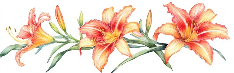 Fototapeta premium Vibrant Daylilies: A Captivating Watercolor Floral Illustration for Nature Lovers