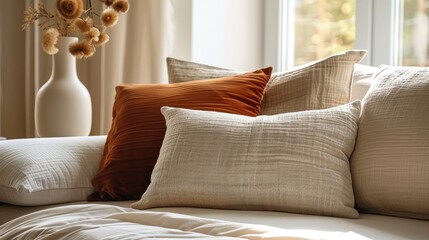 A trendy cushion with a modern, minimalist design in neutral tones. Generative AI.
