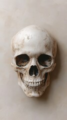 Obraz premium Ultra-realistic skull rendered in 3D, capturing detailed bone wear and decay, on a soft beige background