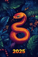 Orange snake is emerging from tropical vegetation with the inscription 2025, a concept for a new year greeting card