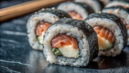 closeup macro image of sushi roll
