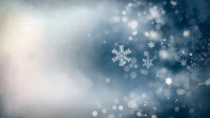 Obraz premium Frosty Winter Background with Soft Bokeh Lights and Delicate Snowflakes Floating in a Cool, Dreamy Atmosphere