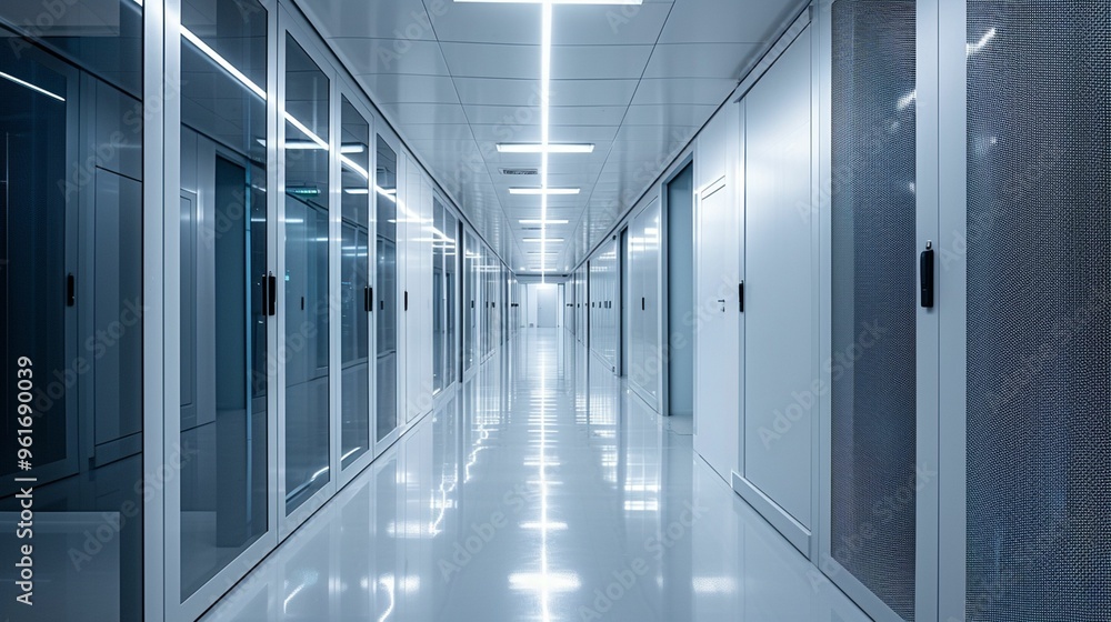 Poster modern data center corridor with illuminated ceiling, showcasing server rooms and pristine floors