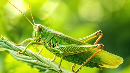 Fototapeta premium Close-up of a vibrant green grasshopper on a leaf.