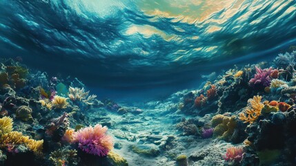 Fototapeta premium A pristine coral reef being overtaken by a creeping oil slick, with vibrant sea life fleeing from the advancing pollution