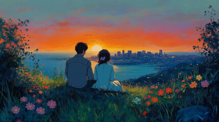 Anime Illustration of a couple on the river with sunset view