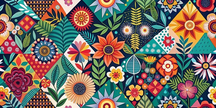 Floral pattern with geometric shapes and bold colors in a contemporary art design
