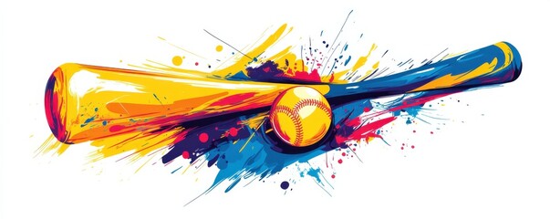 Colorful design featuring baseball bat and ball with vibrant paint splashes, perfect for sports-themed t-shirt graphics and modern art enthusiasts