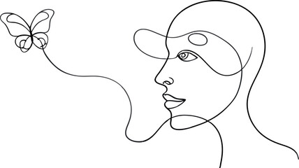 Abstract face with butterfly one line drawing. Portrait minimalistic style. Surreal Faces Continuous line, drawing of set faces and hairstyle, fashion concept, woman beauty