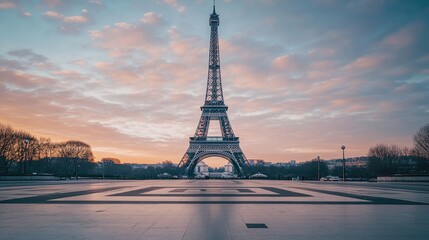 Obraz premium Iconic Eiffel Tower in Paris, France, with a clear, empty foreground, showcasing the landmark against a serene sky