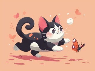 Cute cartoon cat chasing a butterfly.