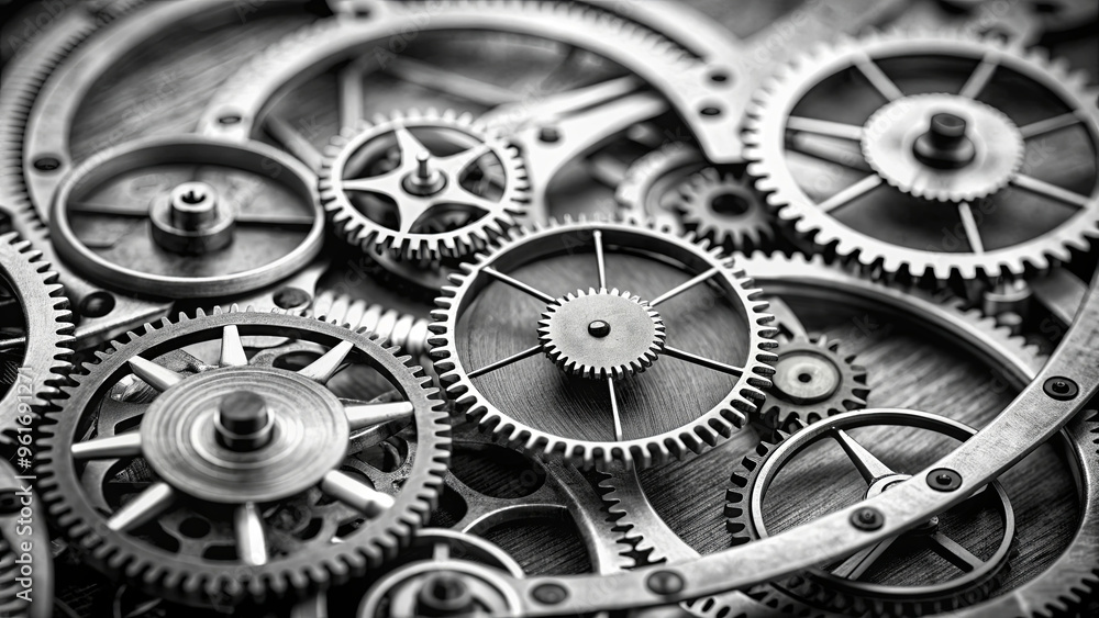 Poster various metal gears are intricately arranged on a wooden surface, highlighting the complexity and pr