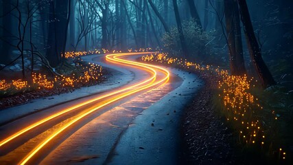 forest path with glowing light trails at night, enchanting woodland scene. fantasy and nature concept
