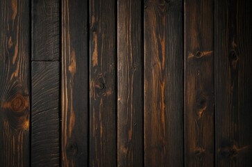 Fototapeta premium A close-up view of a dark table made of wood planks arranged vertically. The surface of the table is aged and textured, with natural wood grain patterns. Grunge wooden background.