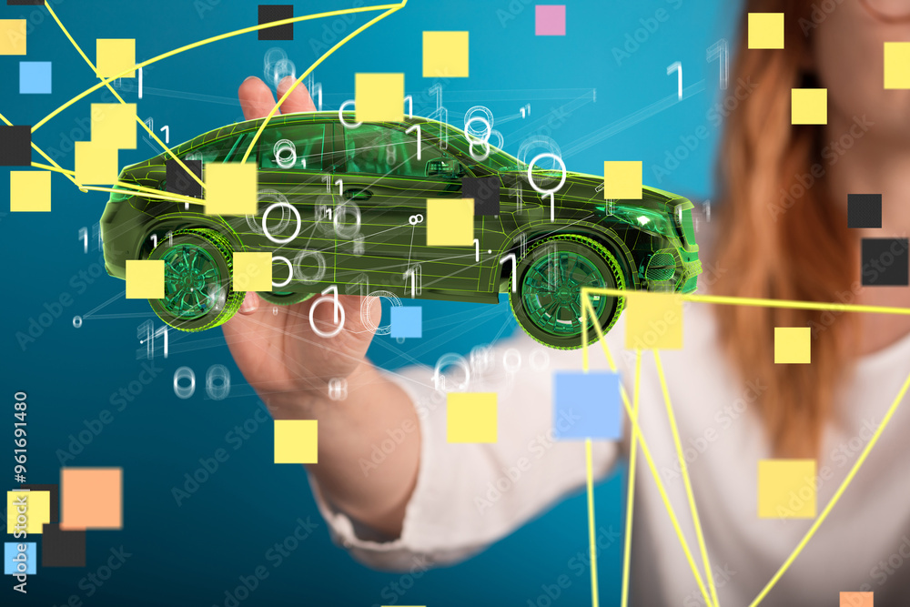 Poster autonomous car with hud graphic of navigation system driving