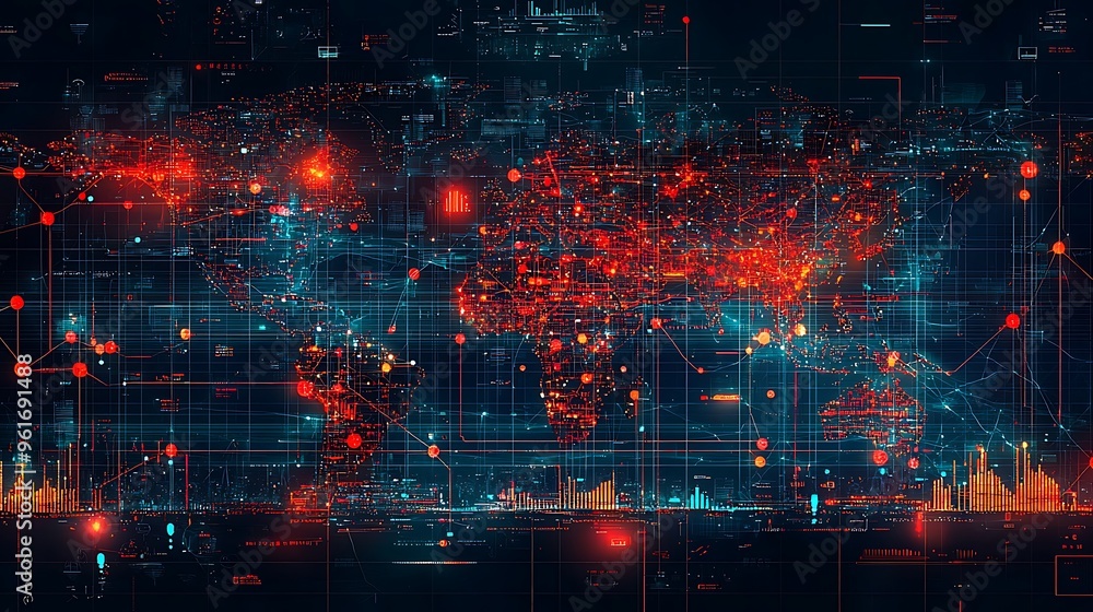 Poster a digital world map with network connections, reflecting a futuristic concept of global technology.