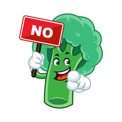 Funny broccoli cartoon character holding a sign that says NO.