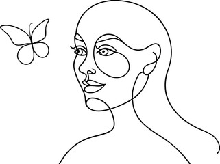 Abstract face with butterfly one line drawing. Portrait minimalistic style. Surreal Faces Continuous line, drawing of set faces and hairstyle, fashion concept, woman beauty