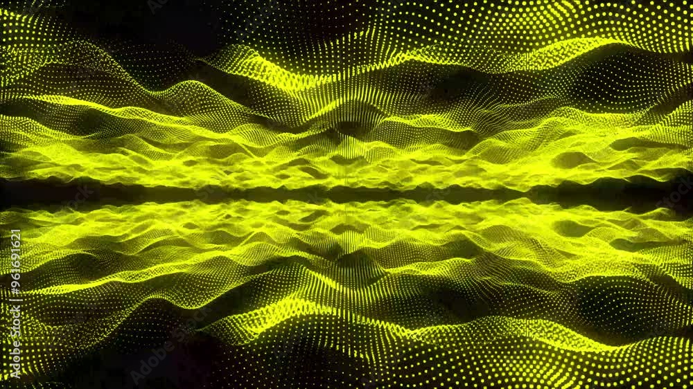 Poster abstract yellow glowing waves from dots and particles lines from above and below on a black backgrou