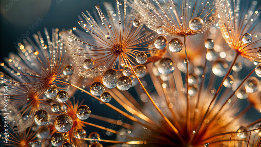 Poster tiny droplets of water rest on dandelion seeds, sparkling in the gentle morning light. the intricate