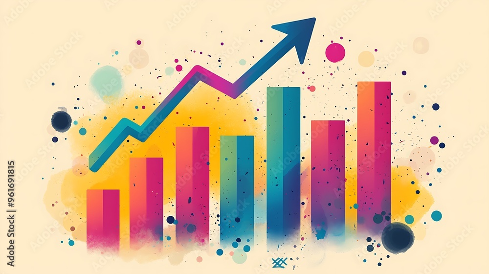 Poster an abstract colorful upward trend chart with watercolor splatter, representing dynamic progress.