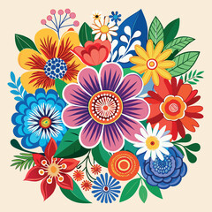 Abstract floral pattern with colorful flowers and leaves