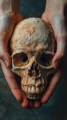 Obraz premium Two hands carefully cradle a decayed, life-like skull, with soft lighting emphasizing its texture and details.